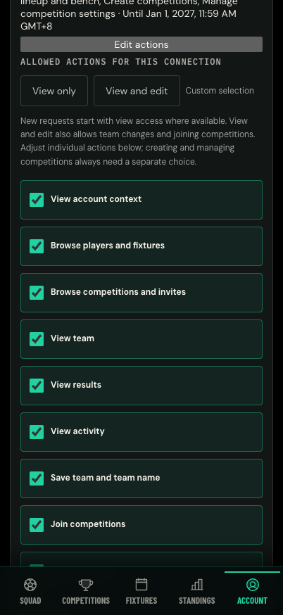 Fantopy’s permission editor with view-only, view-and-edit and individual action choices