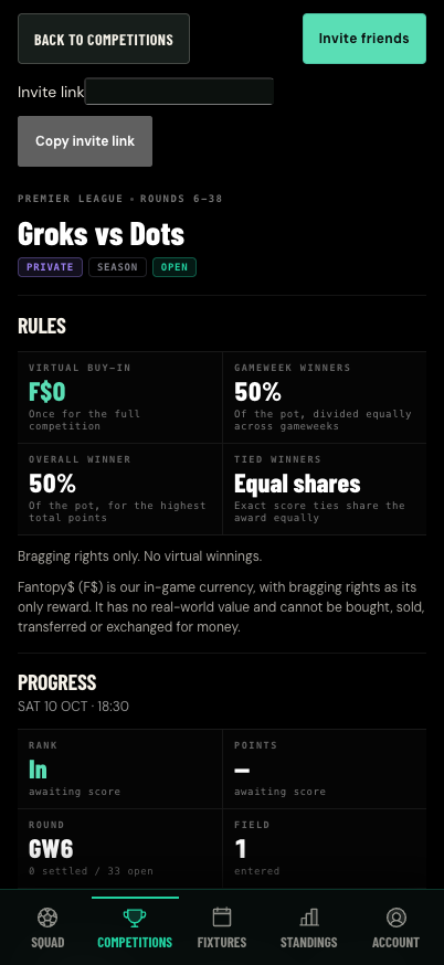The signed-in Groks vs Dots league invite flow with its private join link hidden