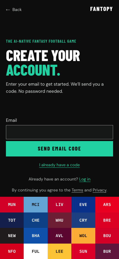 The real Fantopy signup screen with its email field empty
