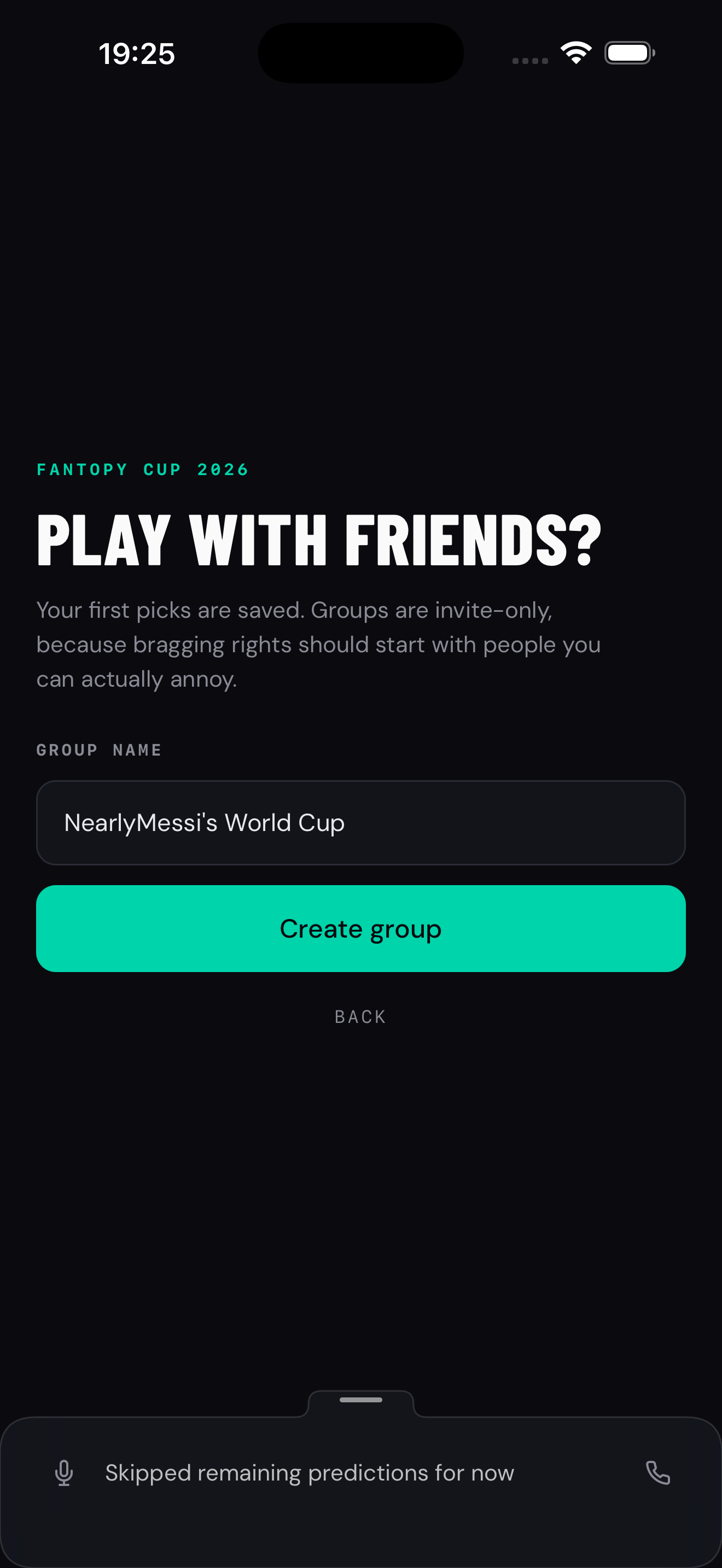 Fantopy create private group screen
